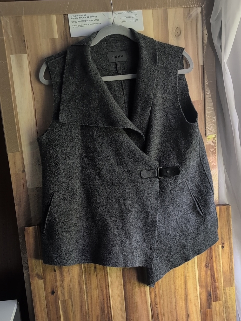 Oska Women's Charcoal Gray 100% Virgin Wool Sleeveless Coat Vest With Buckle